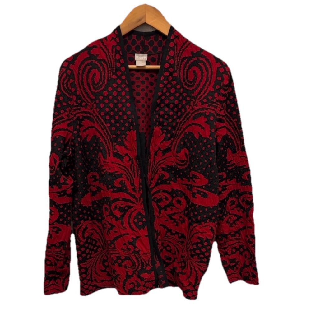 Chicos Womens Geometric Grandmacore Abstract Cardigan‎ Size XL Soft Office RED